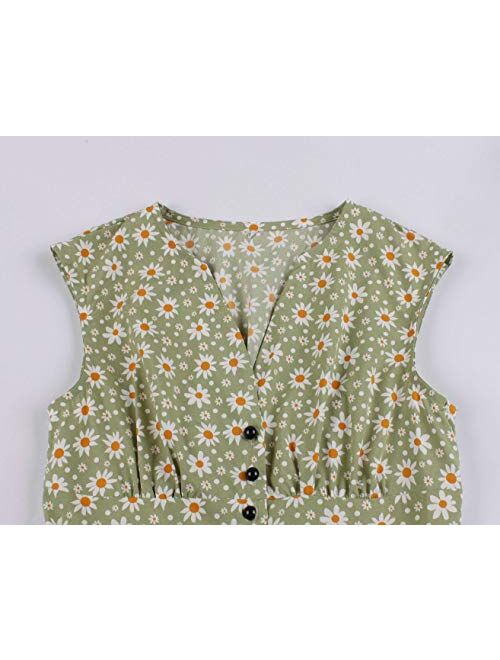 Wellwits Women's Split Neck Floral Button 1940s Day 1950s Vintage Tea Dress