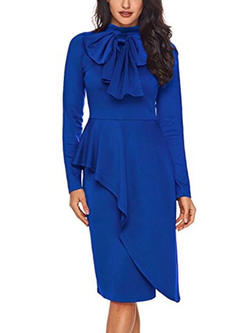 CILKOO Womens Tie Neck Peplum Waist Long Sleeve Bodycon Business Dress(S-XXL)