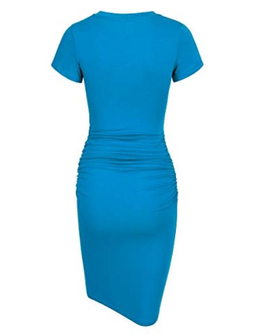 Laughido Women's Short Sleeve Ruched Sundress Knee Length Casual Bodycon T Shirt Dress