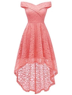 HomRain Women's Elegant Floral Lace Dress Off The Shoulder High Low Hem Dresses for Wedding for Cocktail for Party