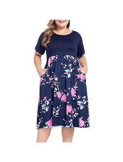 NUONITA Women's Plus Size Dresses Round Neck Floral Print Dress with Pockets