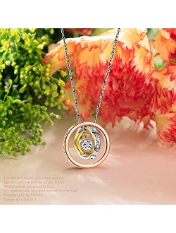 QIANSE Mother's Day Necklaces Gifts Sun of Life Three Rings Design Pendant with Engraving Necklace, Swarovski Crystals Jewelry
