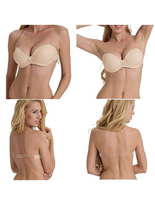 Strapless Bra with Clear Back Invisible Strap Push Up Padded Underwire Backless Halter Bralette