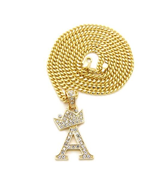 Fashion 21 Unisex Small Pave Crowned Initial Alphabet Letter Pendant 3mm 24 inches Cuban Chain Necklace in Gold Silver Tone
