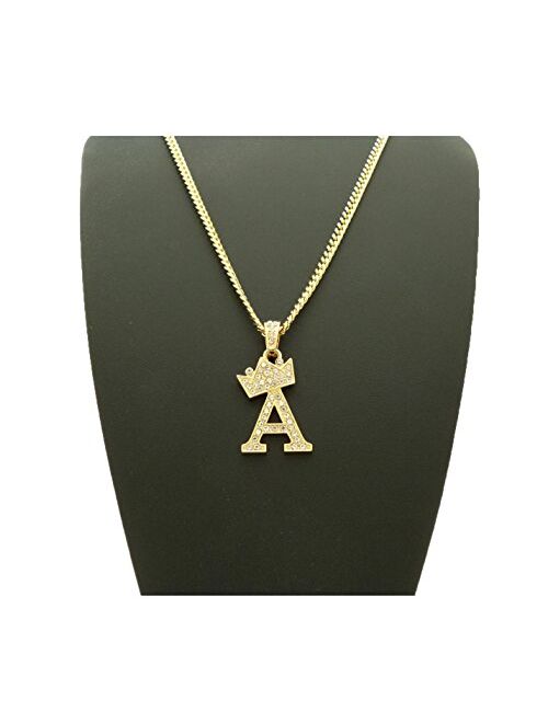Fashion 21 Unisex Small Pave Crowned Initial Alphabet Letter Pendant 3mm 24 inches Cuban Chain Necklace in Gold Silver Tone