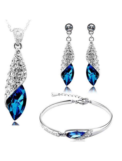 Youbella Jewellery Combo of Blue Crystal Necklace Set with Earrings and Bracelet for Women