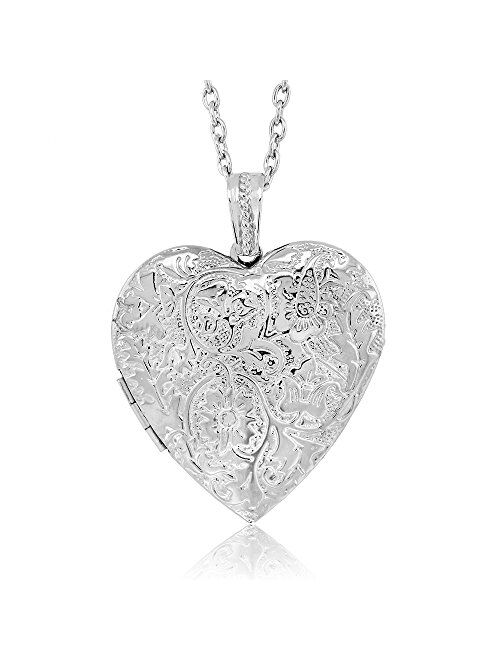 Gem Stone King Locket Pendant Necklace Charm 1.5inches Engraved Flowers Heart Shape + 28 Inch Chain