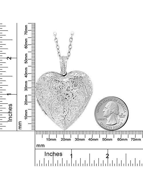 Gem Stone King Locket Pendant Necklace Charm 1.5inches Engraved Flowers Heart Shape + 28 Inch Chain