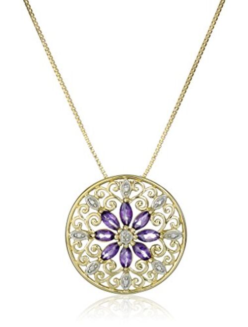 18k Yellow Gold Plated Sterling Silver Gemstone and Diamond Accent Filigree Mandala Pendant Necklace, 18"