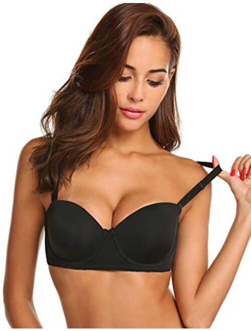 Ekouaer Strapless Bra Push Up Padded Lift Up Halter Bra Multiway Convertible Supportive Bra Underwire Backless Bra