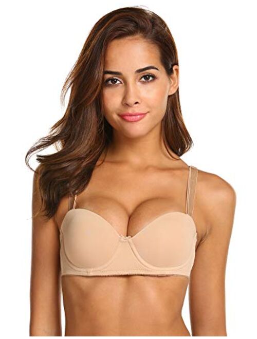 Ekouaer Strapless Bra Push Up Padded Lift Up Halter Bra Multiway Convertible Supportive Bra Underwire Backless Bra