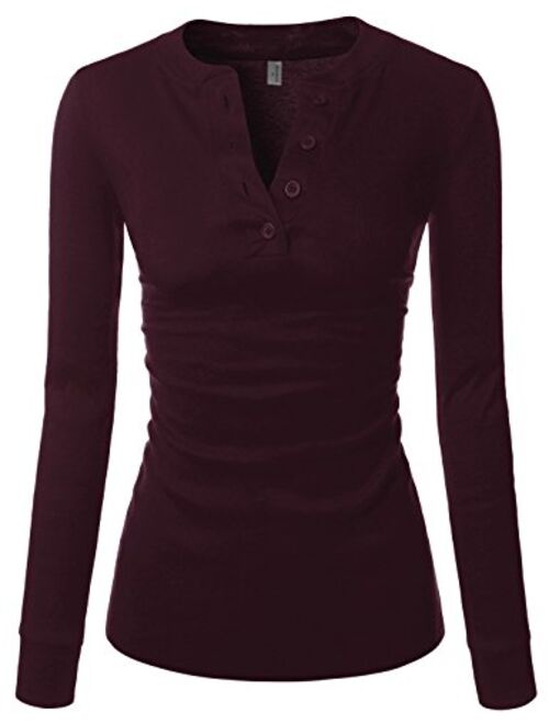 NEARKIN Slim Long Sleeve V Neck Henley Shirts Asymmetrical Tunic Tops for Women