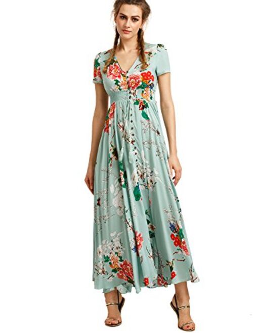 Milumia Women's Button Up Split Floral Print Flowy Party Maxi Dress Light Green