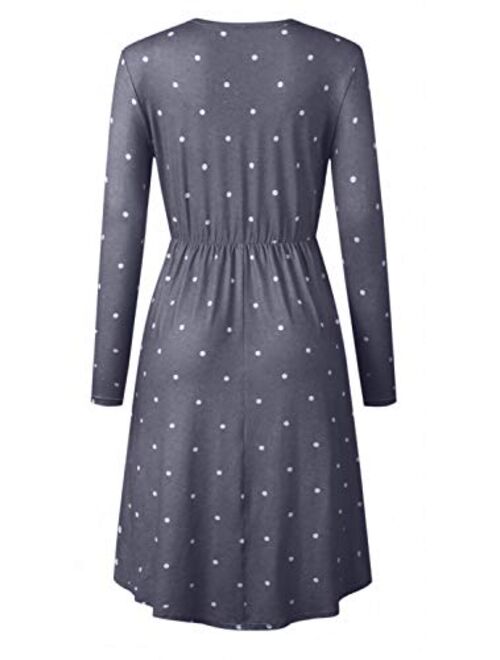 YUNDAI Women Long Sleeve Pleated Polka Dot Pocket Loose Swing Casual Midi Dress
