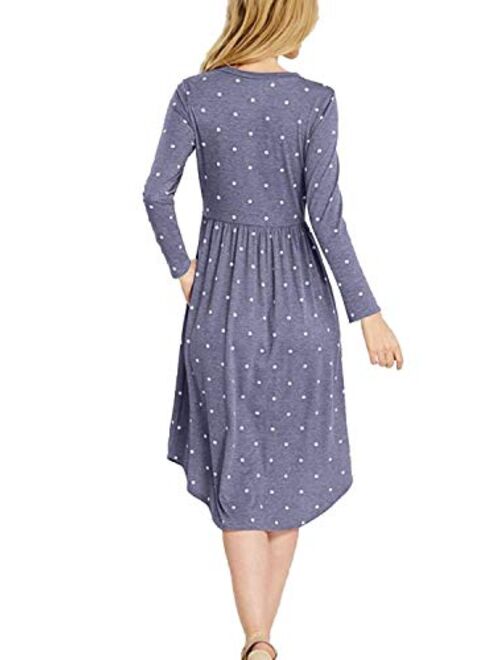 YUNDAI Women Long Sleeve Pleated Polka Dot Pocket Loose Swing Casual Midi Dress