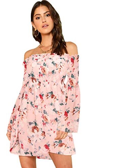 Romwe Women's Casual Floral Print Off the Shoulder Trumpet Sleeve Swing Dress