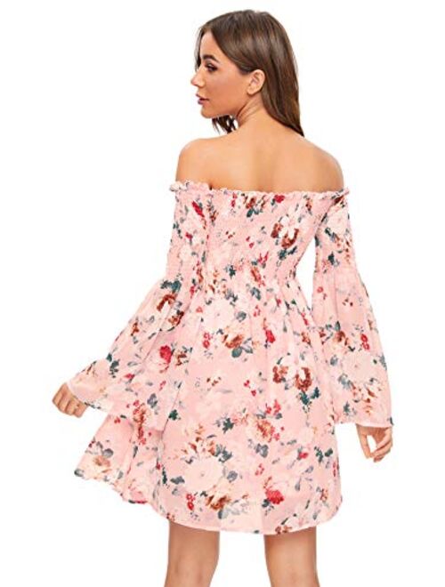 Romwe Women's Casual Floral Print Off the Shoulder Trumpet Sleeve Swing Dress