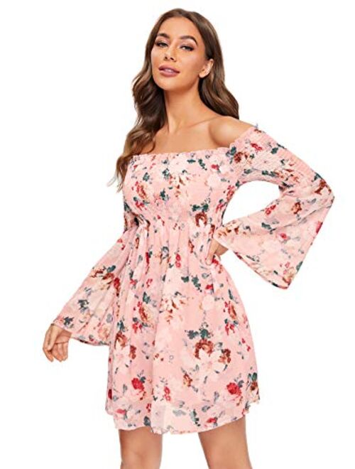Romwe Women's Casual Floral Print Off the Shoulder Trumpet Sleeve Swing Dress