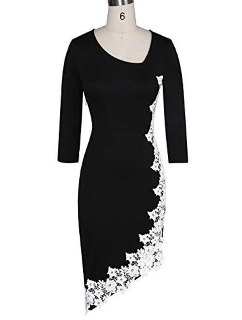 Drimmaks Women's Black Pencil Dress 3/4 Sleeve Stretchy Irregular Hem with White Lace Bodycon Dresses