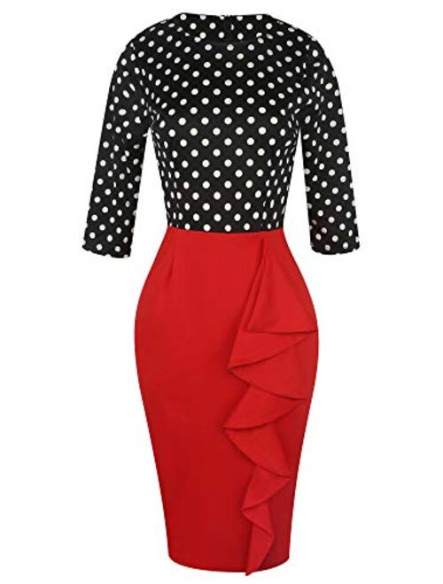 oxiuly Women's Vintage Polka Dot Floral Patchwork Stretchy Work Casual Bodycon Sheath Pencil Dress OX055 