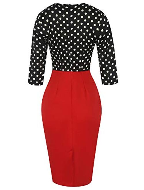 oxiuly Women's Vintage Polka Dot Floral Patchwork Stretchy Work Casual Bodycon Sheath Pencil Dress OX055