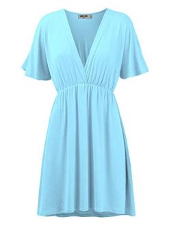 Lock and Love Women's Airy Short Sleeve Kimono Style Deep V Neck Dress Top S-3XL Plus Size-Made in U.S.A.