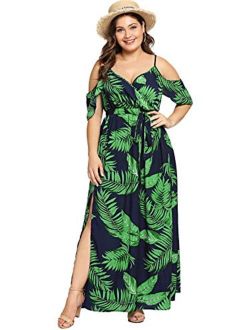 Women's Plus Cold Shoulder Floral Slit Hem Tropical Summer Maxi Dress