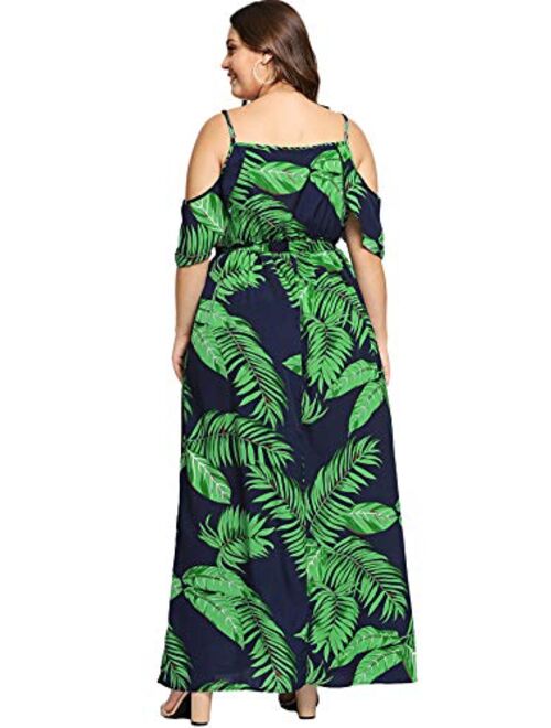 Milumia Women's Plus Cold Shoulder Floral Slit Hem Tropical Summer Maxi Dress