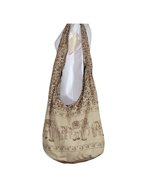 Thai Hippie Bag Elephant Sling Crossbody Bag Purse Zip Handmade New Color Light Brown,XL
