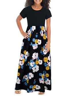 GORLYA Girl's Short Sleeve Patchwork Floral Print Loose Casual Long Maxi Dress with Pockets for 4-12 Years Kids