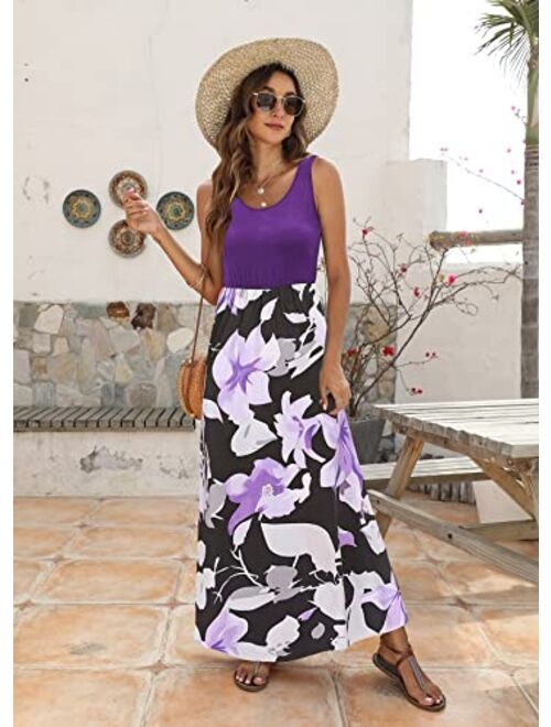 Bluetime Women's Summer Boho Sleeveless Floral Print Tank Long Maxi Dress (S-3XL)