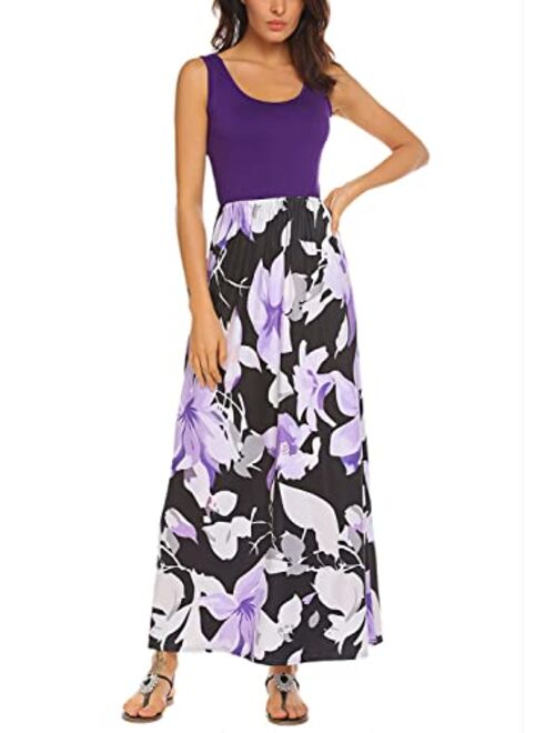 Bluetime Womens Summer Boho Sleeveless Floral Print Tank Long Maxi Dress 