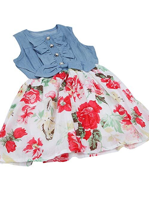Girls Dress, Princess Dresses Sleeveless Denim Tops Floral Tutu Skirts