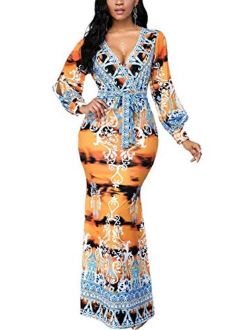 Women's Sexy Long Maxi Dresses Tropical Bodycon V Neck Short Sleeve Floor Length Party Mermaid Clubwear