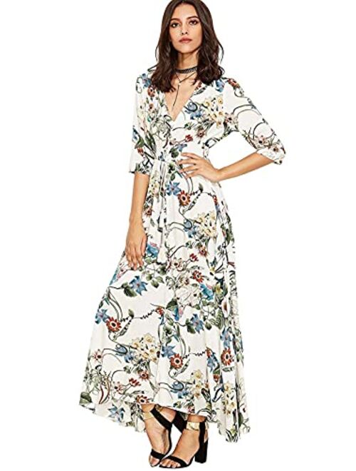 Milumia Women's Button Up Split Floral Print Beige Flowy Party Maxi Dress