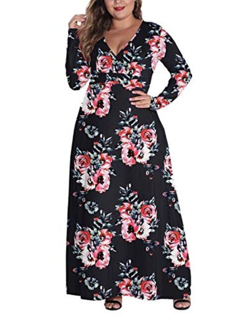 POSESHE Women's Solid V-Neck Long Sleeve Plus Size Evening Party Maxi Dress