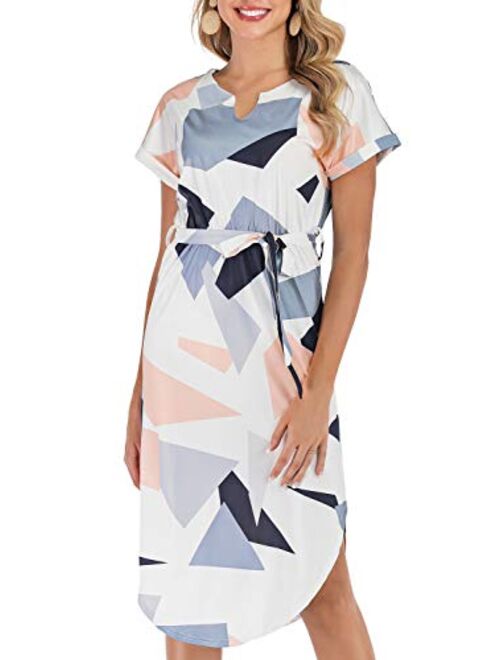 DDSOL Womens Summer Midi Dress Short Sleeve V-Neck Belted Dress Geometric Pattern