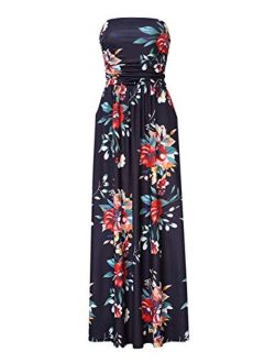 GloryStar Women Strapless Floral Print Bohemian Boho Maxi Dress Casual Off Shoulder Beach Party Dress with Pockets