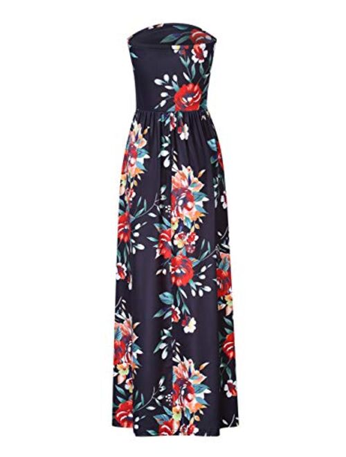 GloryStar Women Strapless Floral Print Bohemian Boho Maxi Dress Casual Off Shoulder Beach Party Dress with Pockets