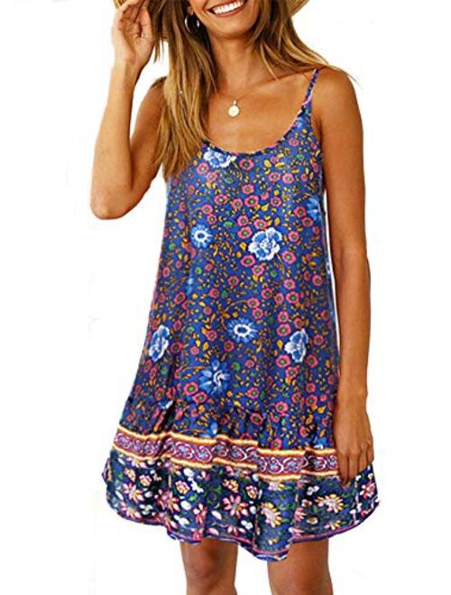 Womens Boho Beach Dress - Floral Spaghetti Strap Sleeveless V Neck A line Swing Casual Sundress Beachwear