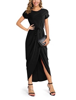 Women's Short Sleeve Summer Dresses Elastic Waist Slit Casual Long Maxi Dress with Belt