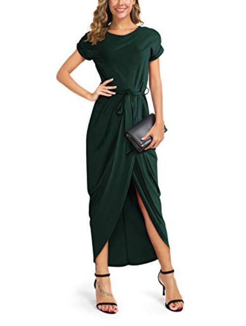 GRECERELLE Women's Short Sleeve Summer Dresses Elastic Waist Slit Casual Long Maxi Dress with Belt