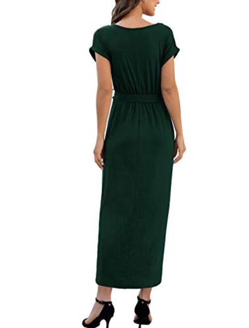 Buy GRECERELLE Women's Short Sleeve Summer Dresses Elastic Waist Slit  Casual Long Maxi Dress with Belt online | Topofstyle