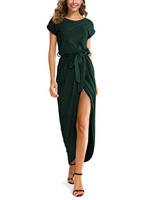 GRECERELLE Women's Short Sleeve Summer Dresses Elastic Waist Slit Casual Long Maxi Dress with Belt