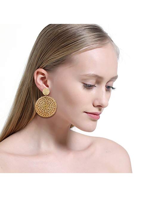 AIDSOTOU Rattan Earrings for Women Lightweight Geometric Statement Earrings Handmade Straw Wicker Braid Teardrop Hoop Drop Dangle Earrings 4 Pairs