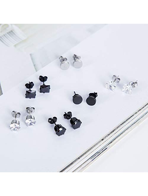 FUNRUN JEWELRY 4-6 Pairs Stainless Steel Stud Earrings for Men Women CZ Round Earrings Black 3-10mm