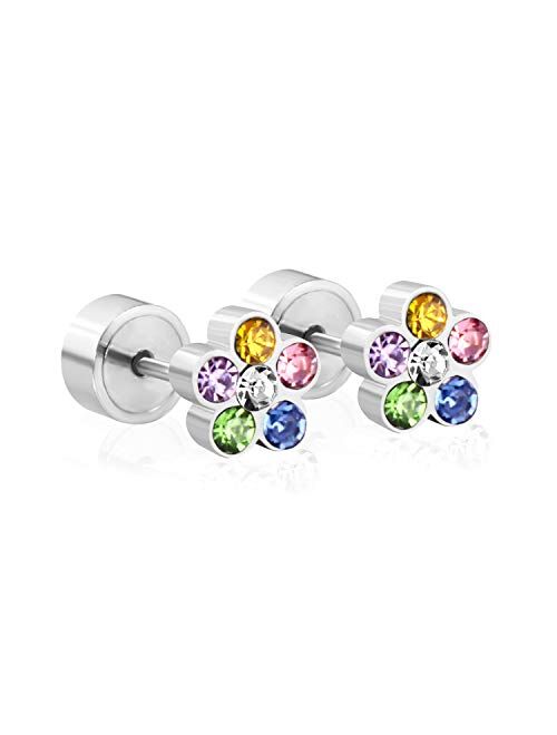 LUXU kisskids Colorful Flowers Shape CZ inlaid Stainless Steel Stud Earrings for Teen Girls Women