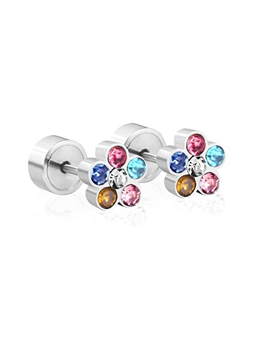 LUXU kisskids Colorful Flowers Shape CZ inlaid Stainless Steel Stud Earrings for Teen Girls Women