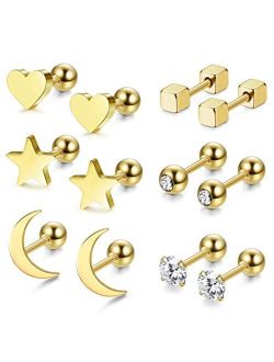 Jstyle 6 Pairs Stainless Steel Ball Stud Earrings for Men Women CZ Cartilage Helix Ear Piercing