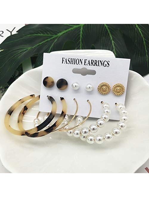Fashion Pearl Hoop Earring Sets for Women Girls Lightweight Tassel Earrings Assorted Bohemian Acrylic Dangle Drop Stud Earring Packs Jewelry Gifts for Valentines Day